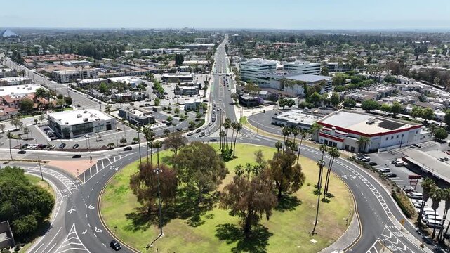 Long Beach, California USA - Drone View of Traffic Circle Roundabout in Rush Hour