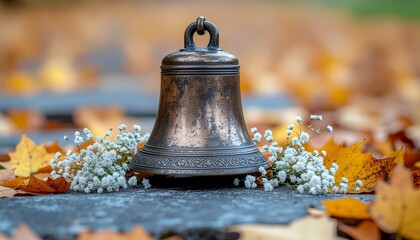 Antique bronze bell on stone with autumn leaves and white flowers, All Saints' Day remembrance concept