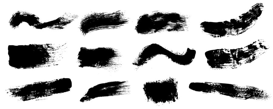 Hand drawn black vector ink brushes strokes pack isolated on white background. Detailed paint splashes. Grungy stripes pattern. Vector illustrator