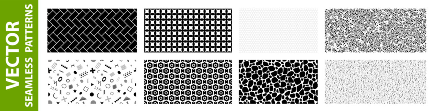 Pack of 8 wide black and white vector seamless detailed patterns: abstract, vintage, retro, animals, cloth, technology and geometric. Vector illustration
