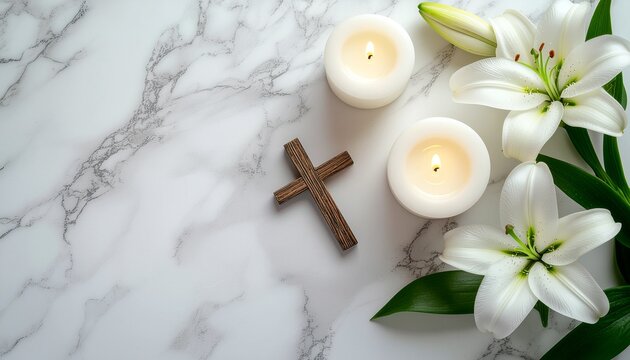 Sympathy and condolence concept with white lilies, glowing candles, and wooden cross on marble background