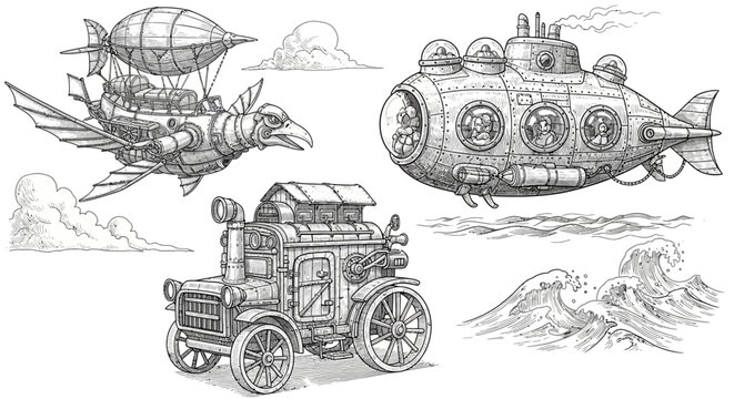 Hand drawn steampunk flying machine and submarine sketches.