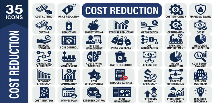 Cost Reduction solid icon set. Efficiency, operating, plan, profit, target, balance, budget, and more. Solid icon collection.