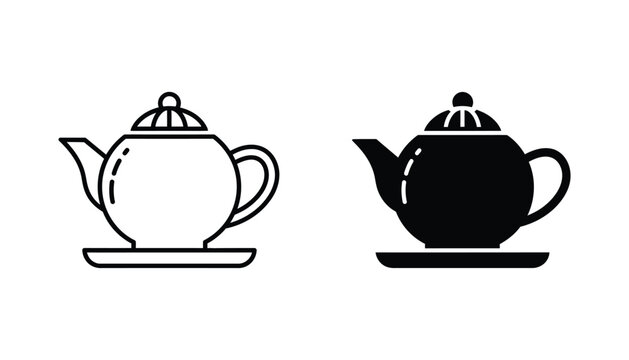 Classic ceramic teapot icon with saucer in clean outline and solid black style for kitchenware branding
