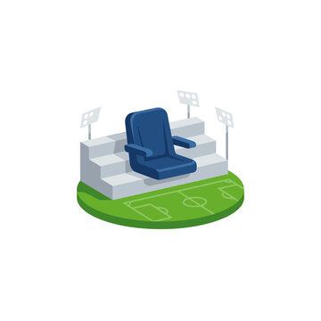 A single blue stadium seat is shown on a tiered seating area above a soccer field.