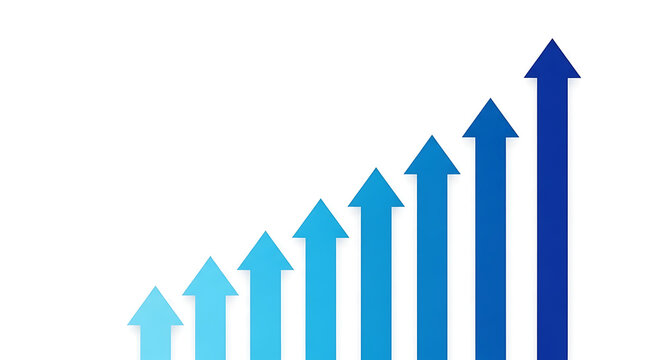 Professional vector illustration of multiple ascending blue arrows pointing upward against a clean white backdrop, symbolizing financial growth, corporate success, and positive progress.
