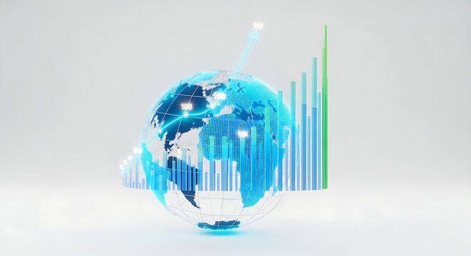 Digital world map globe with rising financial graph line and statistical bar chart displaying global data analysis and economic growth visualization isolated on white background