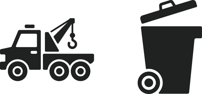 Minimalist black and white set featuring a heavy duty tow truck with a lifting crane hook and a large outdoor waste bin with an open lid