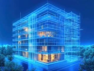 futuristic glowing blue wireframe of a modern multi-story residential building with illuminated interiors and surrounding trees, high-tech architectural visualization © Rgrd