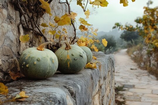 Three bumpy green pumpkins resting on a weathered stone wall beside a yellow-leaved vine along a misty cobblestone path, peaceful rustic autumn scene