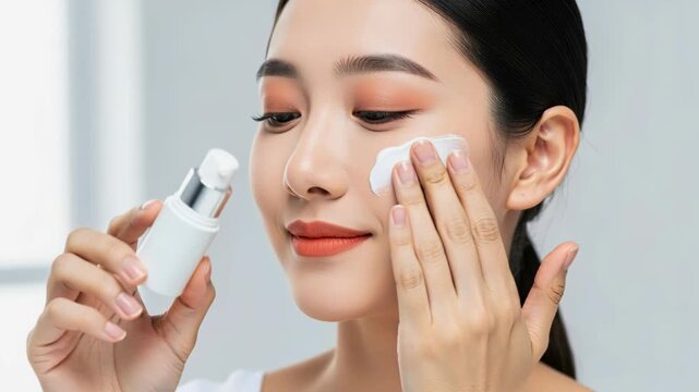 Skincare Routine: A young woman with a radiant complexion gently applies a cosmetic product to her face with a cotton pad, embodying a moment of personal care and beauty.