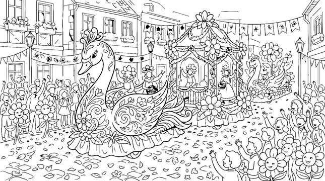 Festive Street Parade with Floral Swan Floats and Happy Crowd
