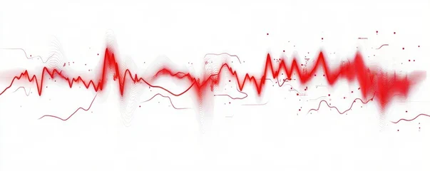 Red pulsating waveform with layered contour lines, sharp peaks and scattered dots on a clean white background conveying energetic rhythmic motion © Rgrd