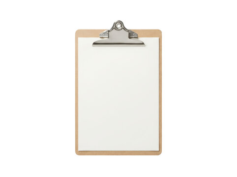 A blank clipboard with a silver clip on a white background.