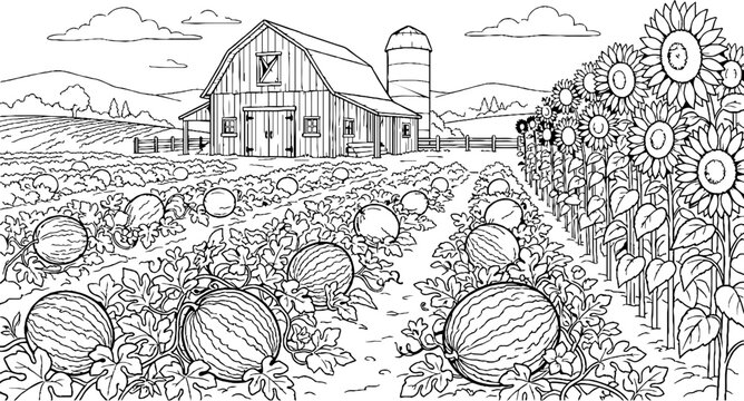 Rural Farm Landscape with Watermelon Patch and Sunflowers