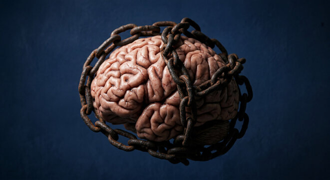 Human Brain Tightly Bound by Rusty Iron Chains on Dark Blue Background