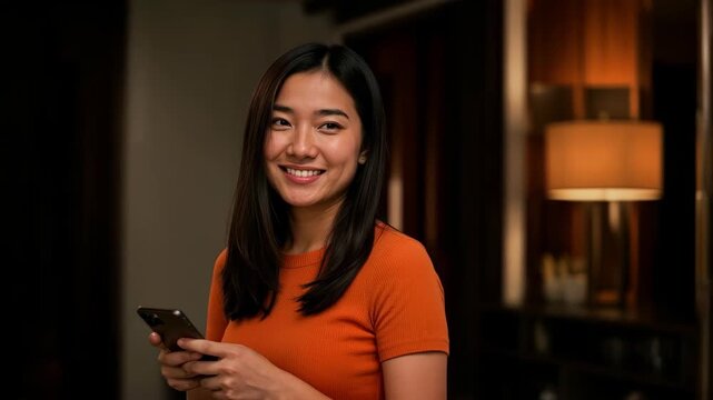 Asian Woman with Phone in Warm Interior: A young Asian woman with a radiant smile holds a smartphone, her gaze directed slightly away from the camera in a warm.