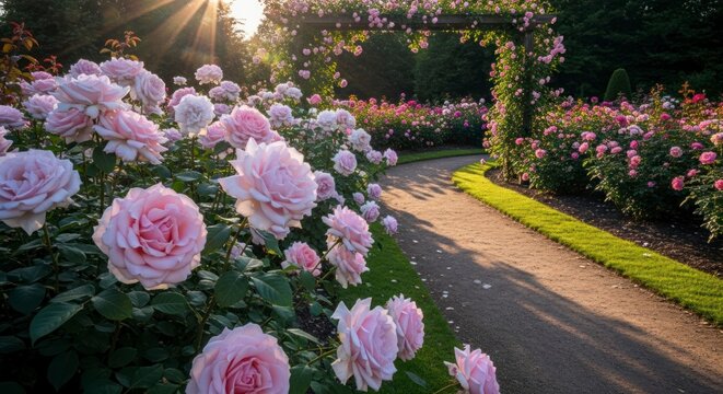 A paved garden path winds through a vibrant rose garden filled with beautiful pastel pink roses, bathed in the warm glow of the late afternoon sun.