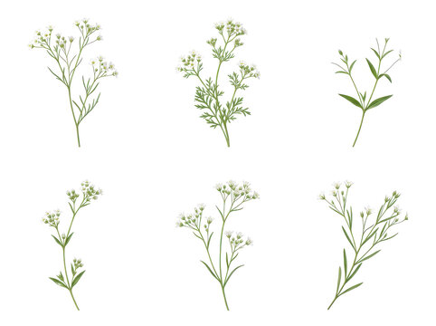 Set of six different green plant sprigs with small flowers on white background