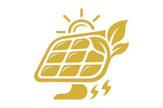 Solar panel icon with sun and green leaves for clean energy Vector