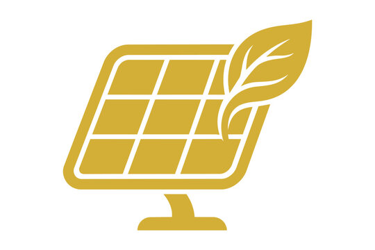 Golden solar panel icon with a green leaf symbol Vector