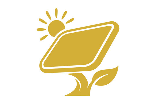 Golden solar panel icon with sun and leaf for green energy Vector