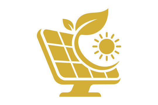 Golden solar panel icon with a green leaf and sun symbol Vector