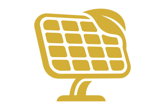 Gold solar panel icon with a green leaf for eco energy concept Vector