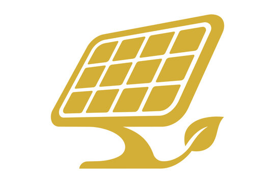 Golden solar panel icon with a green leaf for renewable energy Vector