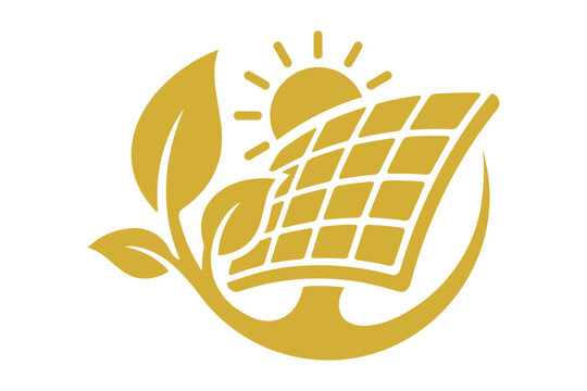 Solar panel icon with sun and green leaves for clean energy Vector