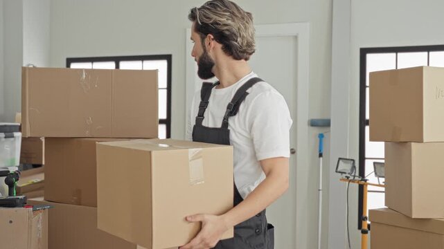 Man in apron carrying cardboard box in building with stacked boxes, drill and worklight visible, looking toward camera while handling package; moving day determination.