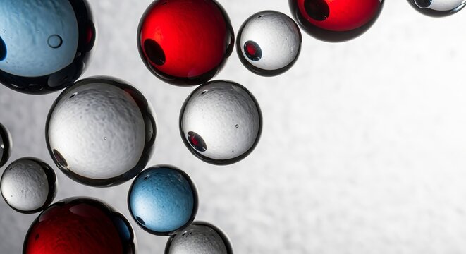 Close-up of colorful water bubbles on light surface