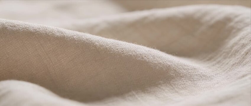 Soft linen fabric beige cream textile texture cloth natural material minimal background cozy detail gentle folds neutral color indoor light closeup macro surface pattern