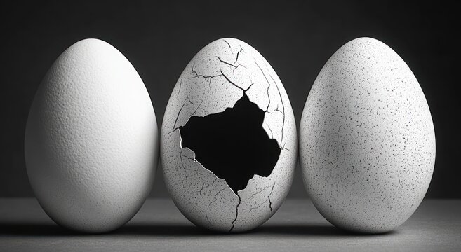 three eggs in a row, one smooth, one cracked with a large jagged hole, and one speckled, lit in dramatic high-contrast light conveying fragility and tension