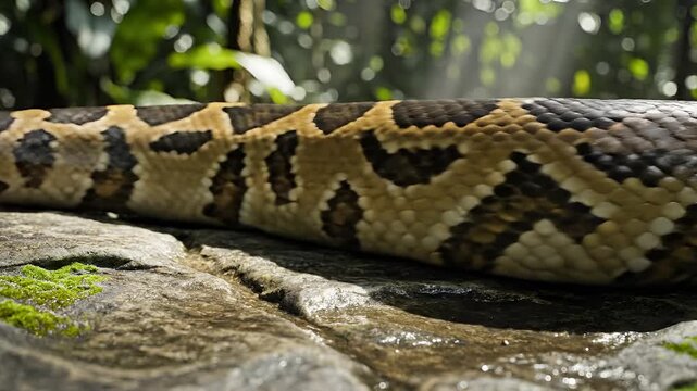 Closeup of a large python snake resting on mossy rocks in a lush jungle environment.