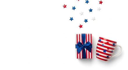 Obraz premium Patriotic gift box with bow and star decorated mug set isolated background