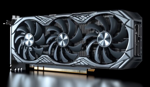 close-up of a sleek triple-fan graphics card with metal shroud, exposed pci-e connector and reflective surface conveying power and precision