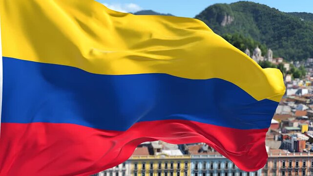 Colombian Flag Waving Proudly Over a Picturesque Cityscape.