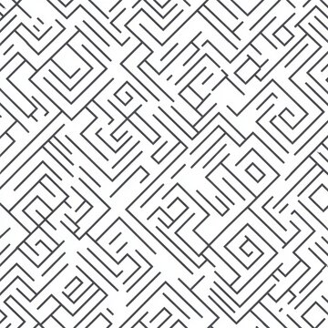 intricate black linear maze pattern of angular spirals and interconnected paths on white background conveying a hypnotic, slightly disorienting abstract energy