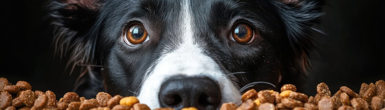 close-up of a black and white dog gazing longingly over a scattered pile of kibble with a hopeful expression
