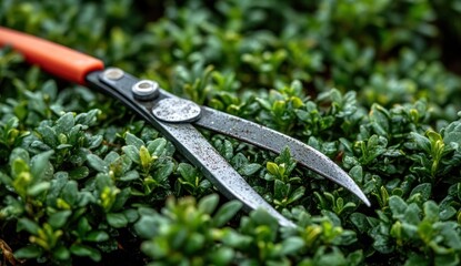 Obraz premium garden shears with orange handle resting on a dense small‑leaved green hedge with dirty metal blades, evoking calm readiness