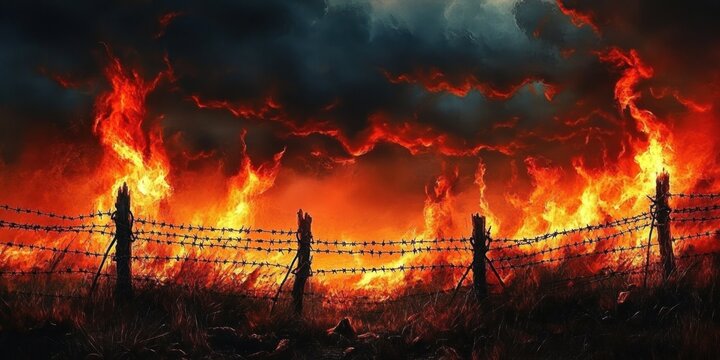barbed wire fence and wooden posts silhouetted against a roaring grass fire under a dark smoke-filled sky, ominous and destructive scene