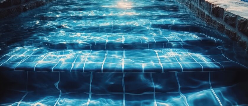 sunlit tiled pool steps submerged in shimmering blue water with rippling light reflections and brick edge, tranquil and inviting