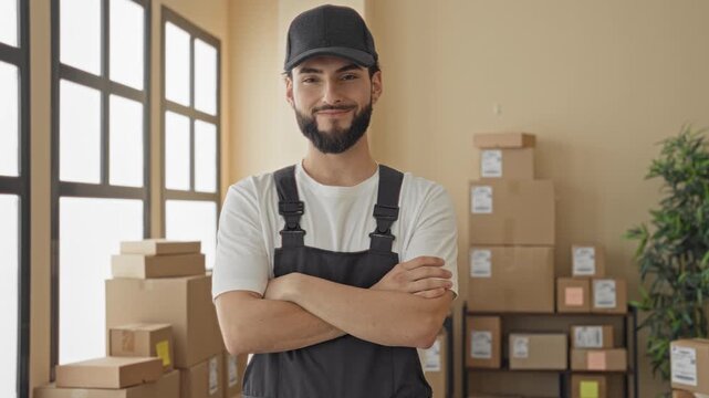 Man with crossed arms and visible forearms beside stacked packages and a cap in a building storage area; confidence reliability.