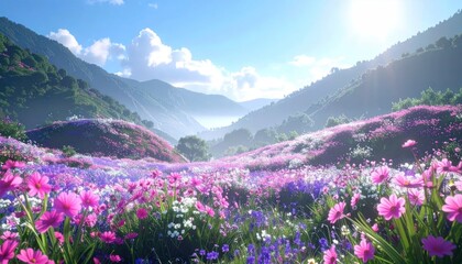 Fototapeta premium Vibrant Meadow of Wildflowers in a Mountain Valley.