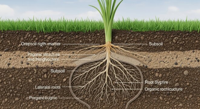 Anatomical Diagram of Plant Roots in Soil Layers with Nonsensical Labels