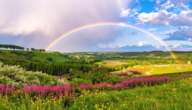Vibrant Rainbow Arches Over Lush Green Rolling Hills and Wildflowers.