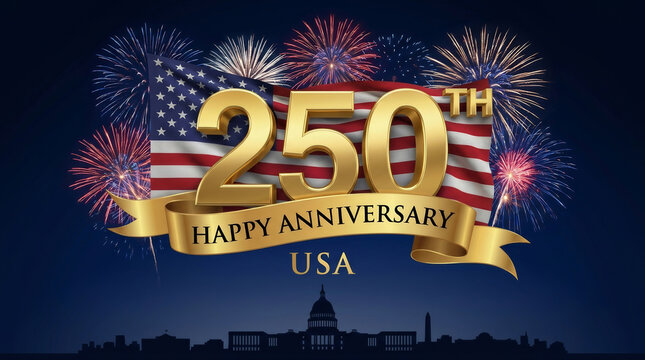 America 250 th anniversary USA flag fireworks night skyline celebration patriotism. Fourth july independence freedom. american united state us, patriotic anniversary celebration