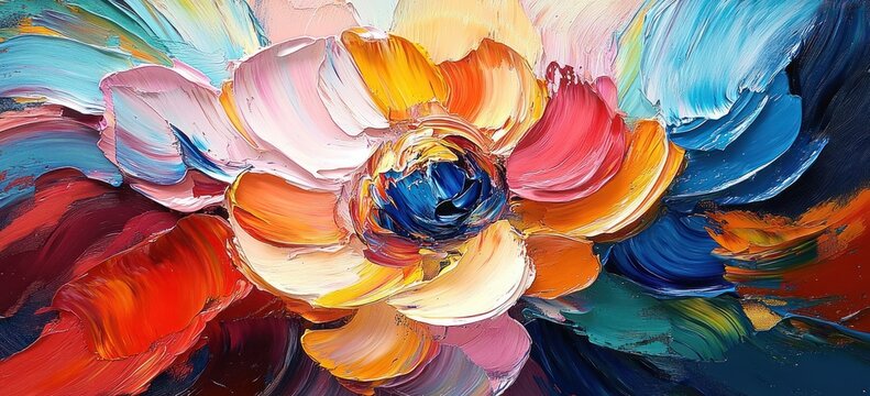 Bold impasto floral bloom with swirling textured petals in vivid saturated colors, dynamic brushwork conveying joyful energy and movement