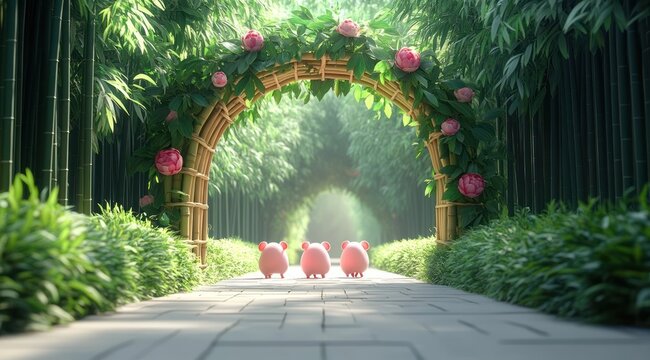 Three small pink piglets walking down a sunlit stone path through a bamboo grove under a flowered bamboo arch, serene and whimsical mood